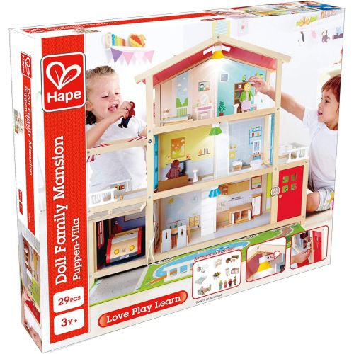  Hape Doll Family Mansion Award Winning 10 Bedroom Doll House, Wooden Play Mansion with Accessories for Ages 3+ Years Multicolor, L: 31.6, W: 11.4, H: 28.4 inch