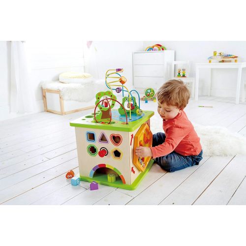  Country Critters Wooden Activity Play Cube by Hape | Wooden Learning Puzzle Toy for Toddlers, 5-Sided Activity Center with Animal Friends, Shapes, Mazes, Wooden Balls, Shape Sorter