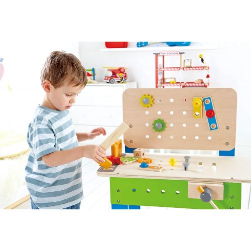  Master Workbench by Hape | Award Winning Kids Wooden Tool Bench Toy Pretend Play Creative Building Set, Height Adjustable 32 Piece Workshop for Toddlers