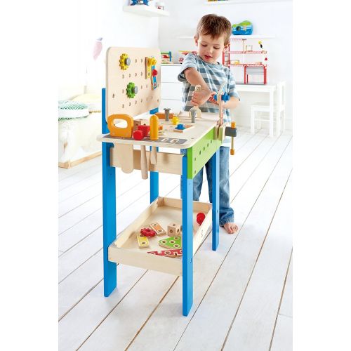  Master Workbench by Hape | Award Winning Kids Wooden Tool Bench Toy Pretend Play Creative Building Set, Height Adjustable 32 Piece Workshop for Toddlers