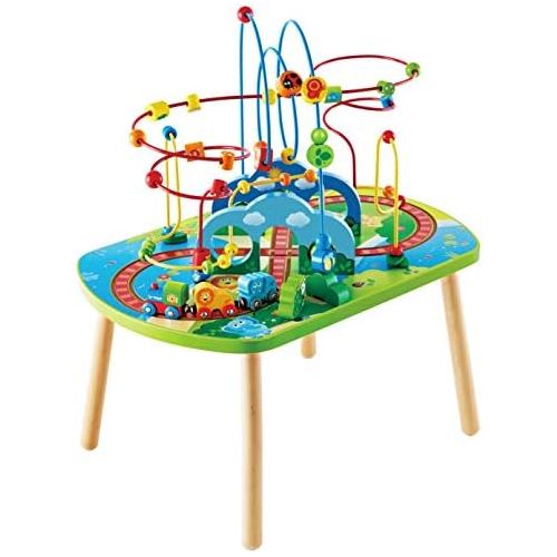  Hape Jungle Adventure Railway Table , Kids Bead Maze Puzzle Table with Accessories, African Scene Graphics, Child Sized Table for Individual and Group Play