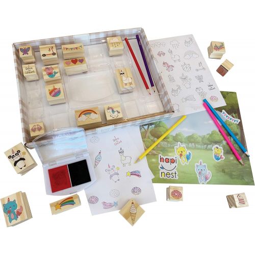  [아마존베스트]Hapinest Unicorn and Friends Wooden Stamp and Sticker Set for Kids Girls, 68 Pieces, Arts and Crafts Gifts Age 4, 5, 6, 7, 8, 9, 10 Years Old