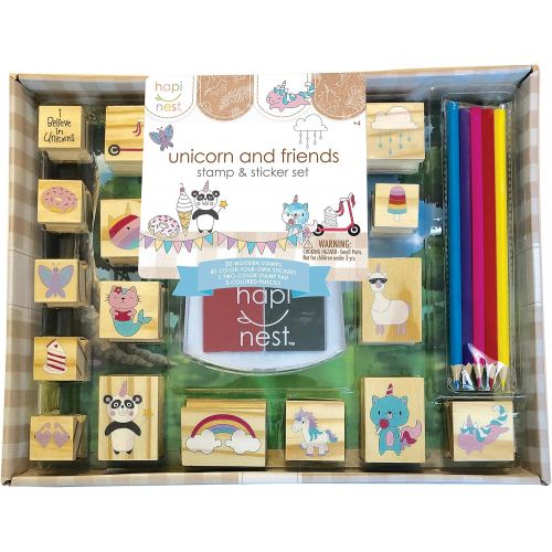  [아마존베스트]Hapinest Unicorn and Friends Wooden Stamp and Sticker Set for Kids Girls, 68 Pieces, Arts and Crafts Gifts Age 4, 5, 6, 7, 8, 9, 10 Years Old