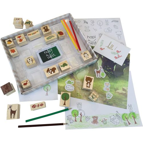  [아마존베스트]Hapinest Woodland Animal Wooden Stamp and Sticker Set for Kids Boys and Girls, 68 Pieces, Arts and Crafts Gifts Age 4, 5, 6, 7, 8, 9, 10 Years Old