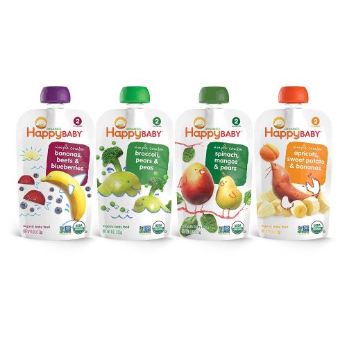  [아마존베스트]Happy Baby Organic Stage 2 Baby Food Simple Combos Variety Pack, 4 Ounce Pouch (Pack of 16),...