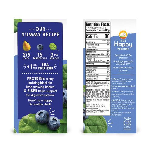  [아마존베스트]Happy Baby Happy Tot Organic Stage 4 Fiber & Protein, Pears, Blueberries & Spinach, 4 Ounce (Pack of 16)