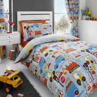 Happy Linen Company Big Digger Trucks Tractor JCB Boys Kids Grey Blue UK Single/US Twin Duvet Cover Bedding