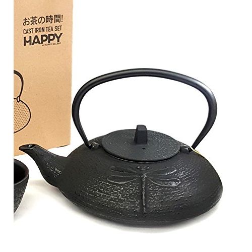  Happy Sales HSCT-DBK11, Cast Iron Tea Pot Tea Set Bamboo Black