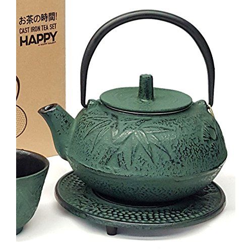  Happy Sales HSCT-BMG04, Cast Iron Tea Pot Tea Set Green Bamboo