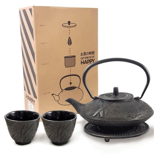  Happy Sales HSCT-MBB22, Cast Iron Tea Pot Tea Set Mochi Bamboo Black