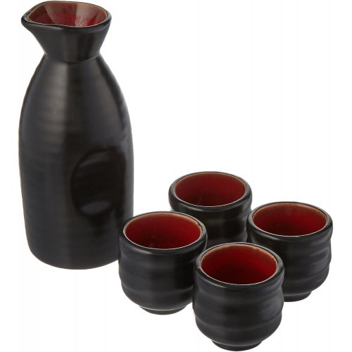  [아마존베스트]Happy Sales 5 piece Ceramic Sake set - Red & Black