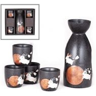 [아마존베스트]Happy Sales, Japanese Style Sake Set With 12 fl oz Porcelain Sake Tokkuri Bottle Decanter and Four Ochoko Cups Drinkware Gift Set (GreyMoonRabbits)