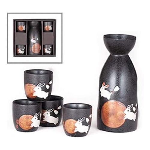  [아마존베스트]Happy Sales, Japanese Style Sake Set With 12 fl oz Porcelain Sake Tokkuri Bottle Decanter and Four Ochoko Cups Drinkware Gift Set (GreyMoonRabbits)