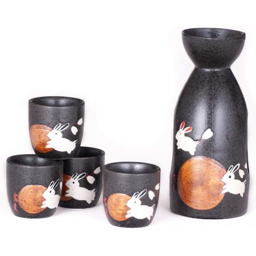  [아마존베스트]Happy Sales, Japanese Style Sake Set With 12 fl oz Porcelain Sake Tokkuri Bottle Decanter and Four Ochoko Cups Drinkware Gift Set (GreyMoonRabbits)