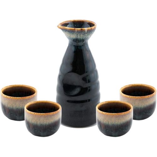  [아마존베스트]Happy Sales HSSS-WFLBLK, Perfect 5 pc Japanese Design Ceramic Sake set, Waterfall