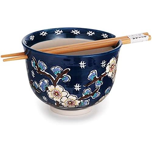  [아마존베스트]Happy Sales HSRB-CHVBLU, Multi Purpose 5D Ramen Udon Soba Pho Noodle Donburi Rice Tayo Bowl with Chopsticks, Blue Chevron