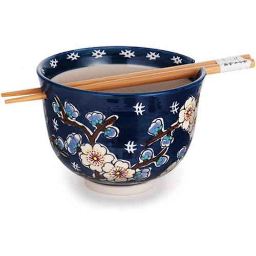  [아마존베스트]Happy Sales HSRB-CHVBLU, Multi Purpose 5D Ramen Udon Soba Pho Noodle Donburi Rice Tayo Bowl with Chopsticks, Blue Chevron