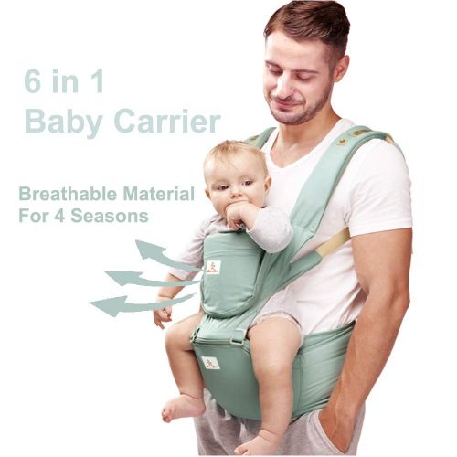  Happy Walk Baby Carrier 6 in 1 Usage Front Back Infant Carrier, Soft Shoulder Strap Hip Seat Pad, 360 Ergonomic Protective, Breastfeeding Cover for All Seasons, 0-36 Months (Green)