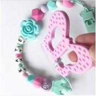 HappyBabySuperMom Butterfly personalized teether,pacifier clip, silicone chewable toy, silicone turquoise/pink beads