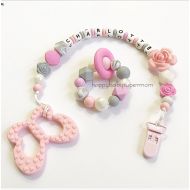 HappyBabySuperMom Personalized teething set/ Silicone Pacifier clip Butterfly pink Teether , Teething Ring , Silicon Chew Beads Baby teething jewelry Bra Free