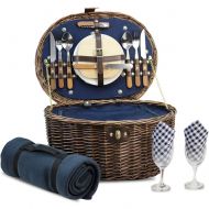 HappyPicnic Unique Willow Picnic Basket for 2 Persons, Natural Wicker Picnic Hamper with Service Set and Insulated Cooler Bag - Best Gifts for Father Mother