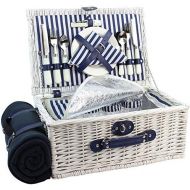 HappyPicnic Picnic Basket Willow for 4 Persons, Large Wicker Hamper Set with Big Insulated Cooler Compartment, Free Fleece Blanket with Waterproof Backing and Cutlery Service Kit- Fashionable