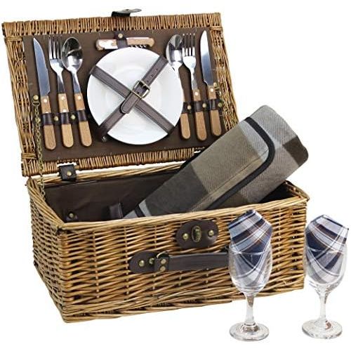  HappyPicnic Wicker Picnic Basket for 2 Persons with Cutlery Service Set, Willow Hamper Supplies Kit Best Gift for Father Mother Outdoor Party