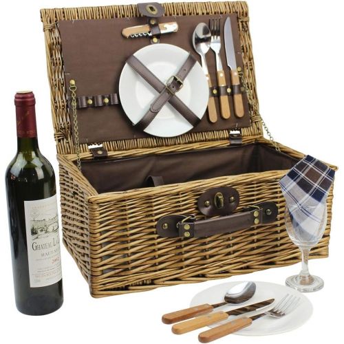  HappyPicnic Wicker Picnic Basket for 2 Persons with Cutlery Service Set, Willow Hamper Supplies Kit Best Gift for Father Mother Outdoor Party