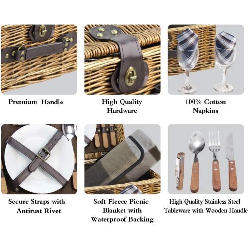  HappyPicnic Wicker Picnic Basket for 2 Persons with Cutlery Service Set, Willow Hamper Supplies Kit Best Gift for Father Mother Outdoor Party