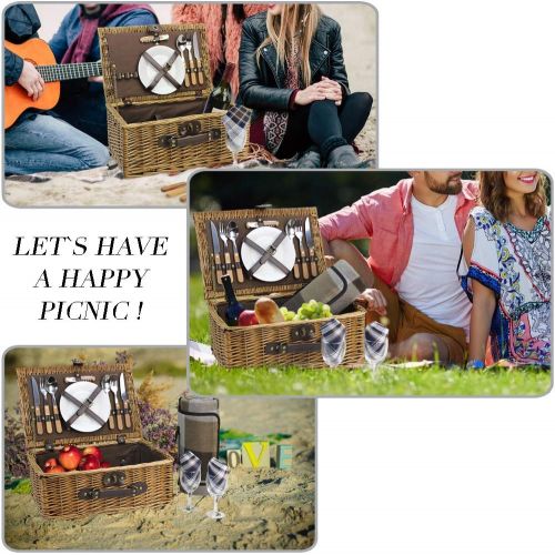  HappyPicnic Wicker Picnic Basket for 2 Persons with Cutlery Service Set, Willow Hamper Supplies Kit Best Gift for Father Mother Outdoor Party