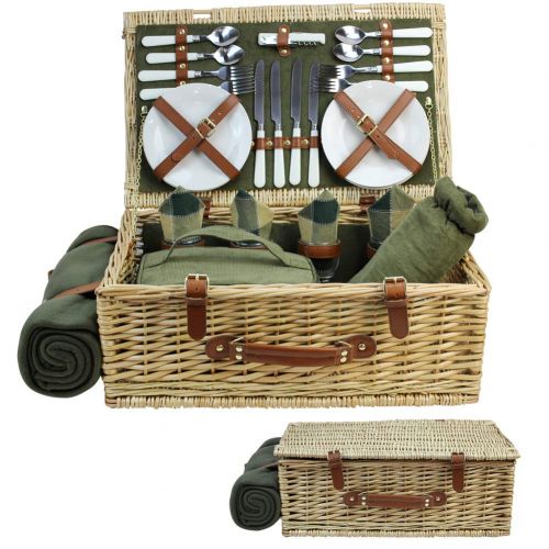  HappyPicnic Large Wicker Picnic Basket for 4 with Deluxe Service Set, Natural Willow Picnic Hamper with Food Cooler, Wine Cooler, Free Fleece Blanket and Tableware - Best Gift for Father Mothe