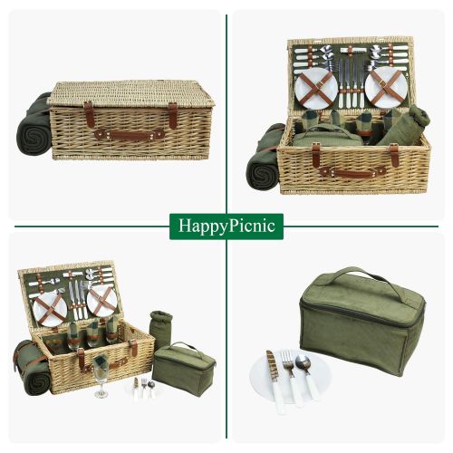  HappyPicnic Large Wicker Picnic Basket for 4 with Deluxe Service Set, Natural Willow Picnic Hamper with Food Cooler, Wine Cooler, Free Fleece Blanket and Tableware - Best Gift for Father Mothe