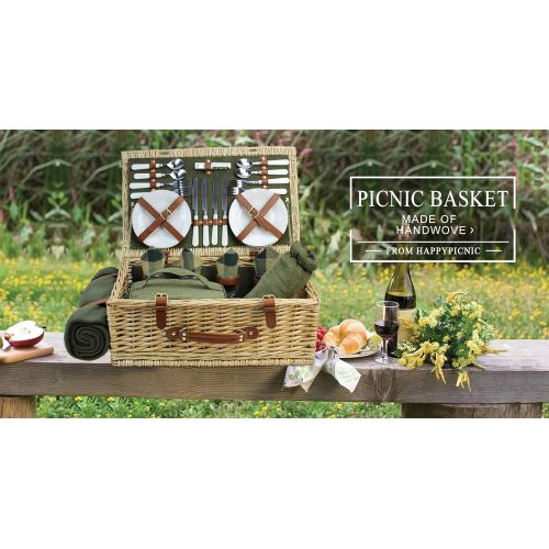  HappyPicnic Large Wicker Picnic Basket for 4 with Deluxe Service Set, Natural Willow Picnic Hamper with Food Cooler, Wine Cooler, Free Fleece Blanket and Tableware - Best Gift for Father Mothe