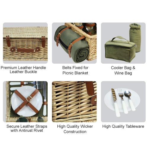  HappyPicnic Large Wicker Picnic Basket for 4 with Deluxe Service Set, Natural Willow Picnic Hamper with Food Cooler, Wine Cooler, Free Fleece Blanket and Tableware - Best Gift for Father Mothe