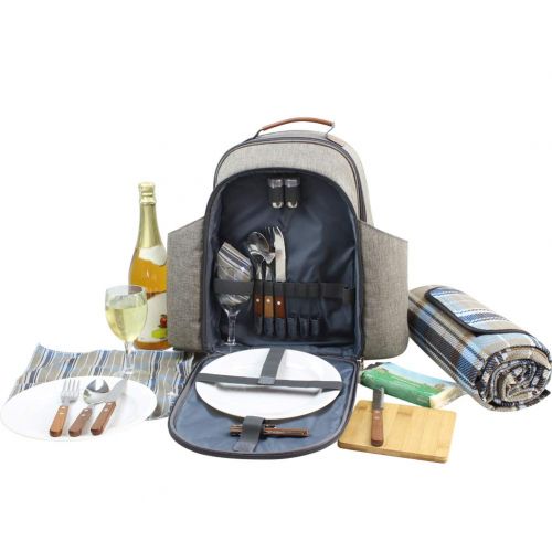  HappyPicnic Insulated Picnic Backpack for 2 Persons with Full Set of Tablewares, Roomy Cooler Compartment, Bottle Holders and Large Waterproof Picnic Rug (Brushed Khaki)