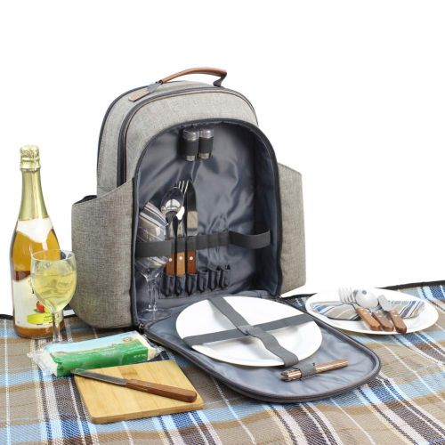  HappyPicnic Insulated Picnic Backpack for 2 Persons with Full Set of Tablewares, Roomy Cooler Compartment, Bottle Holders and Large Waterproof Picnic Rug (Brushed Khaki)