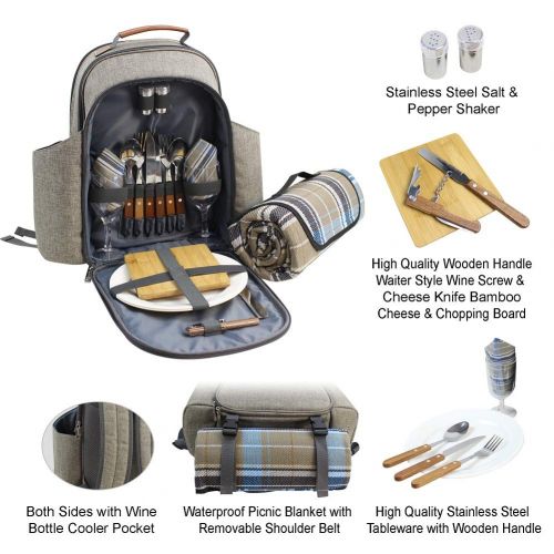  HappyPicnic Insulated Picnic Backpack for 2 Persons with Full Set of Tablewares, Roomy Cooler Compartment, Bottle Holders and Large Waterproof Picnic Rug (Brushed Khaki)