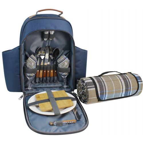  HappyPicnic Insulated Picnic Backpack for 2 Persons with Full Set of Tablewares, Roomy Cooler Compartment, Bottle Holders and Large Waterproof Picnic Rug (Navy Blue)