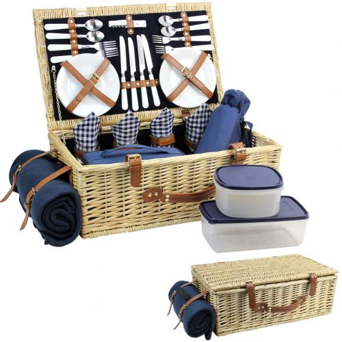  HappyPicnic Large Willow Picnic Basket with Deluxe Service Set for 4 Persons, Natural Wicker Picnic Hamper with Food Cooler, Wine Cooler, Free Fleece Blanket and Tableware - Best Gift for Fath