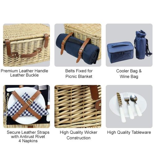  HappyPicnic Large Willow Picnic Basket with Deluxe Service Set for 4 Persons, Natural Wicker Picnic Hamper with Food Cooler, Wine Cooler, Free Fleece Blanket and Tableware - Best Gift for Fath