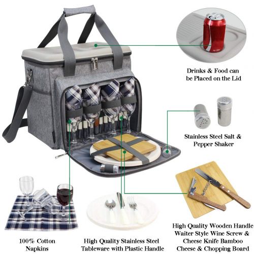  HappyPicnic Insulated Cooler Tote Bag for Picnic Lunch with 4 Tableware Set Outfit - Hard EVA Formed Lid as Picnic Table