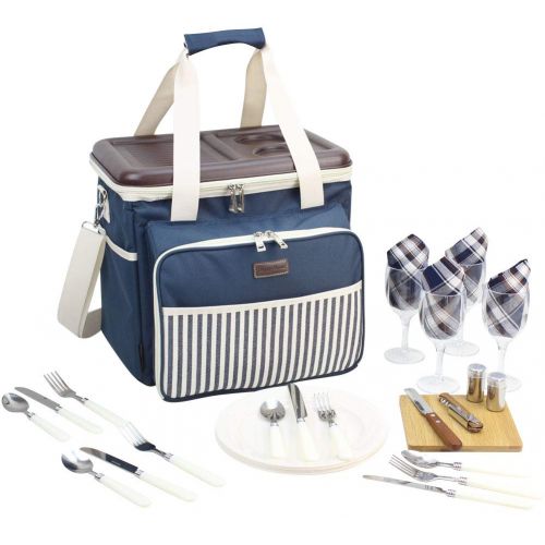  HappyPicnic Picnic Cooler Bag Service Set for 4 Persons, Insulated Lunch Tote with Flatware, Plates for Outdoor Picnic - Hard EVA Formed Lid as Portable Table - Best Gift for Father Mother