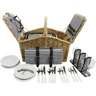 HappyPicnic Willow Picnic Basket Set for 4 Persons with Double Lids, Durable Handle and Insulated Cooler Compartment, Handmade Wicker Hamper for Outdoor Living Camping