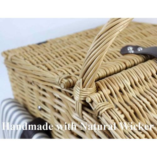  HappyPicnic Willow Picnic Basket Set for 4 Persons with Double Lids, Durable Handle and Insulated Cooler Compartment, Handmade Wicker Hamper for Outdoor Living Camping