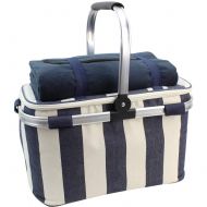 HappyPicnic 25L Insulated Cooler Bag with Foldable Aluminium Handle, Picnic Basket with Waterproof Picnic Blanket for Outdoor Travel Camping (Wide Navy Blue Stripe)