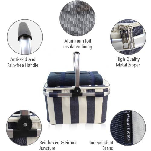  HappyPicnic 25L Insulated Cooler Bag with Foldable Aluminium Handle, Picnic Basket with Waterproof Picnic Blanket for Outdoor Travel Camping (Wide Navy Blue Stripe)