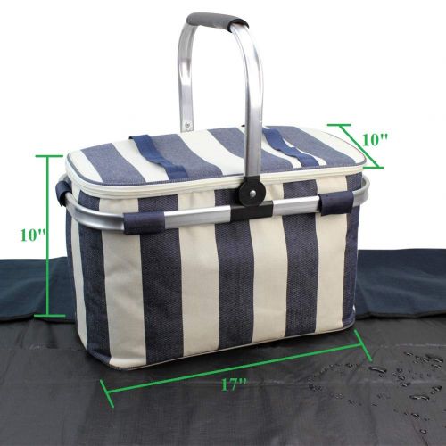  HappyPicnic 25L Insulated Cooler Bag with Foldable Aluminium Handle, Picnic Basket with Waterproof Picnic Blanket for Outdoor Travel Camping (Wide Navy Blue Stripe)