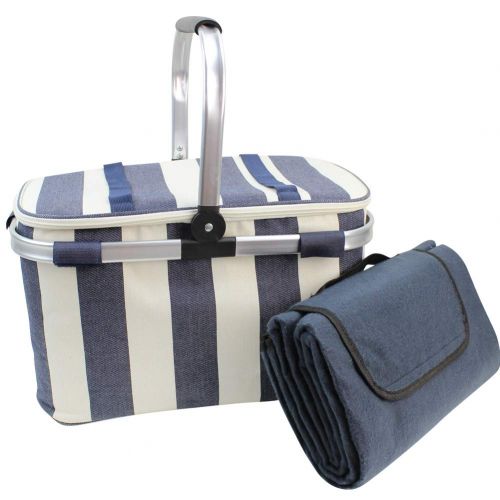  HappyPicnic 25L Insulated Cooler Bag with Foldable Aluminium Handle, Picnic Basket with Waterproof Picnic Blanket for Outdoor Travel Camping (Wide Navy Blue Stripe)