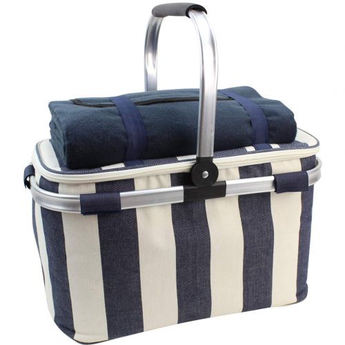  HappyPicnic 25L Insulated Cooler Bag with Foldable Aluminium Handle, Picnic Basket with Waterproof Picnic Blanket for Outdoor Travel Camping (Wide Navy Blue Stripe)