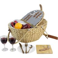 HappyPicnic Seagrass Picnic Basket for 2 Persons, Picnic Hamper Set with Insulated Cooler Compartment, Portable Basket with Foldable Handles(Navy Stripe)